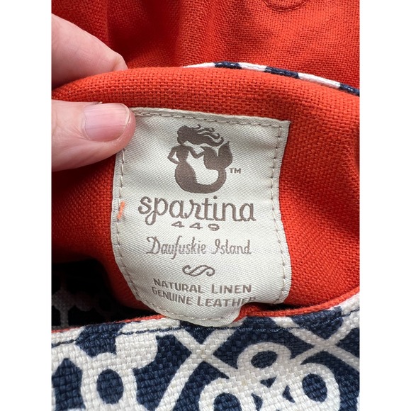 Spartina 449 Navy White Geometric Linen Leather Shoulder Bag Navy White Orange - Picture 12 of 16
